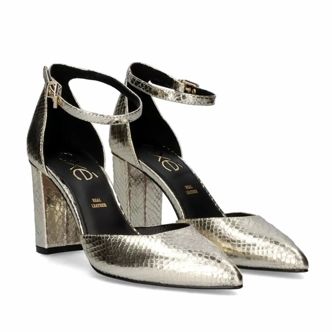 Exe Shoes Calcados De Salao-Sapato De Salto Alto Quadrado Leslie-100 Em Dourado Snake